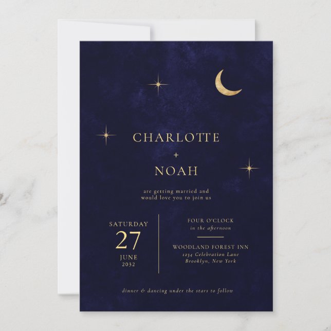 Invitación Estrellas Blue Celestial Gold Moon Photo QR Boda (Anverso)