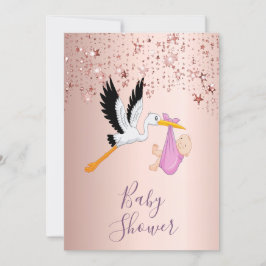 Invitación estrellas brillantes de oro Rosa chica de cigüeñas