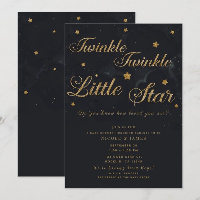 Invitación Estrellas Brillantes de Oro y Negro Baby Shower No (Anverso / Reverso)