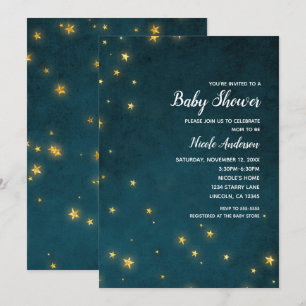 Invitación Estrellas Brillantes Doradas Cielo Celeste Shower 