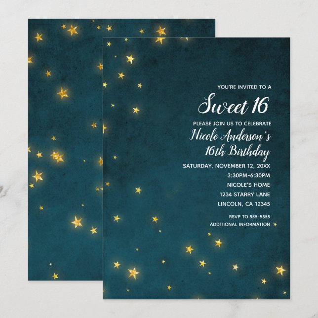 Invitación Estrellas Brillantes Doradas Fiesta Celestial Dulc (Anverso / Reverso)