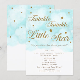 Invitación Estrellas Brillantes Doradas y Nubes en Cielo Azul