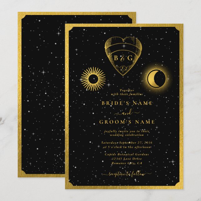 Invitación Estrellas celestes Boda de oro negro de luna creci (Anverso / Reverso)