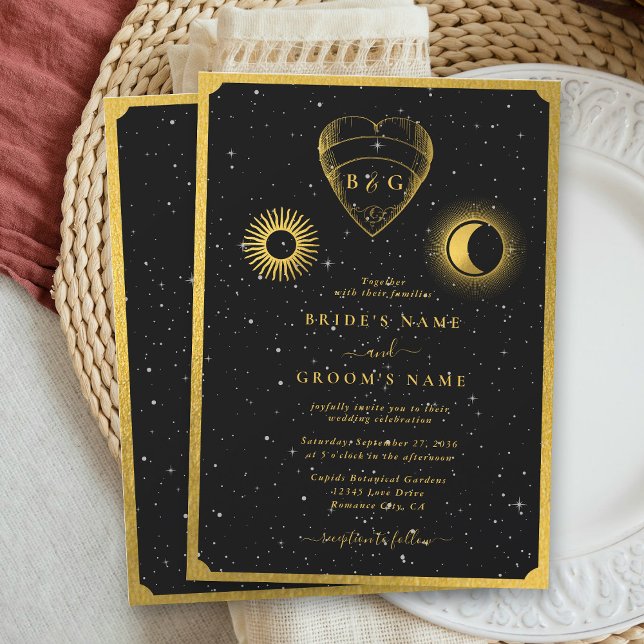 Invitación Estrellas celestes Boda de oro negro de luna creci (Celestial Stars Crescent Moon Black Gold Wedding Invitation)