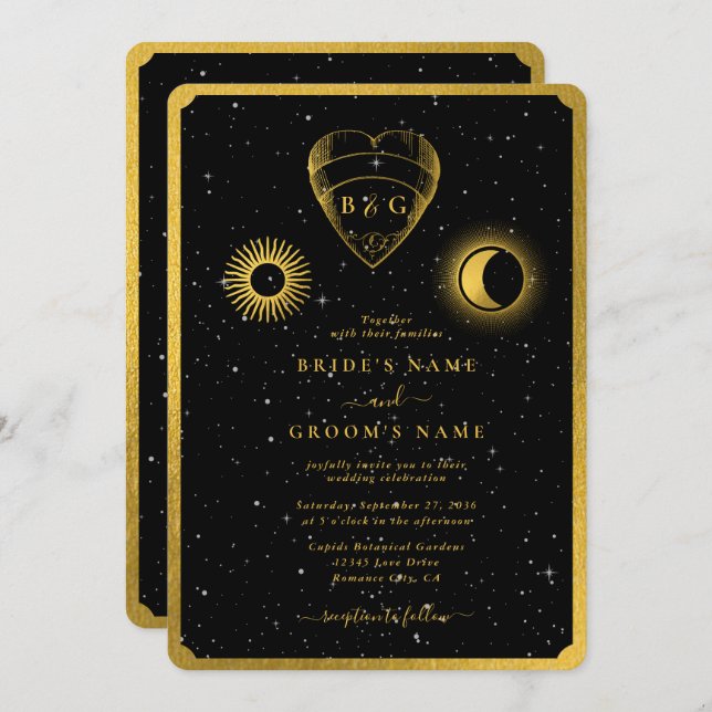 Invitación Estrellas celestes Boda de oro negro de luna creci (Anverso / Reverso)