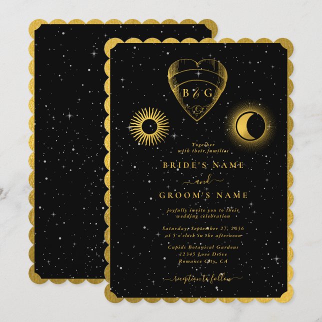 Invitación Estrellas celestes Boda de oro negro de luna creci (Anverso / Reverso)
