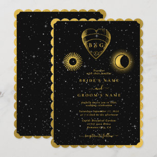 Invitación Estrellas celestes Boda de oro negro de luna creci