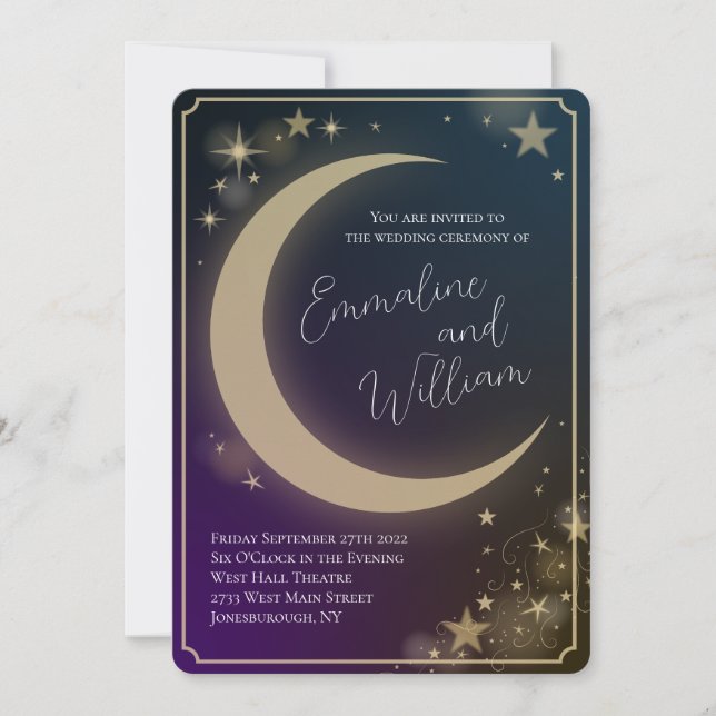 Invitación Estrellas celestes de la luna Boda azul morado osc (Anverso)