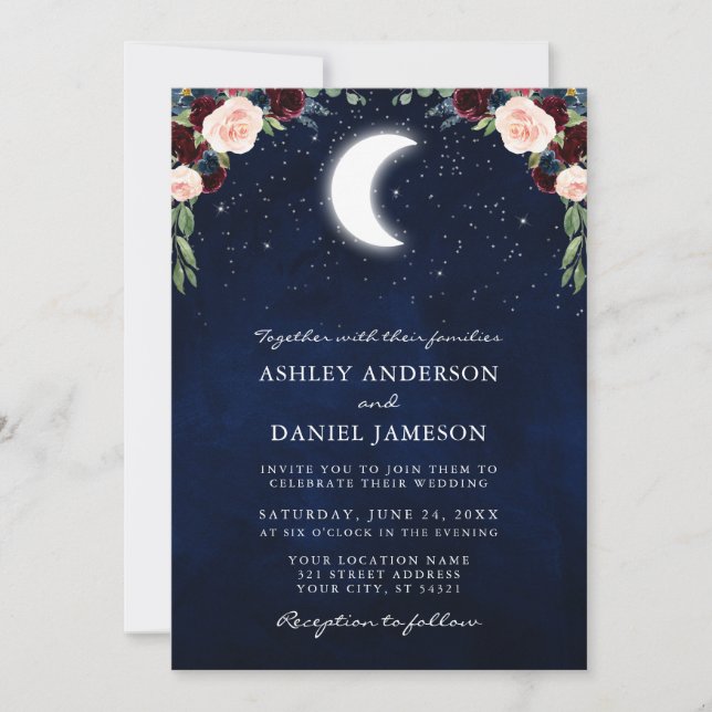 Invitación Estrellas celestes de la luna borgoña Boda floral (Anverso)