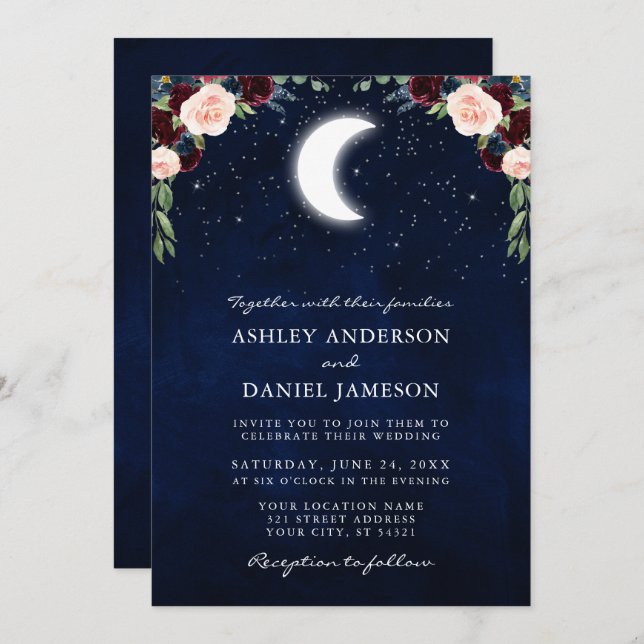 Invitación Estrellas celestes de la luna borgoñona Boda de fo (Anverso / Reverso)