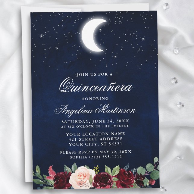 Invitación Estrellas celestes de la luna Floral Quinceanera (Customize to add text or a photo to back of card.)