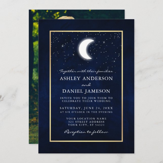 Invitación Estrellas celestes de la luna Foto Boda del marco  (Anverso / Reverso)
