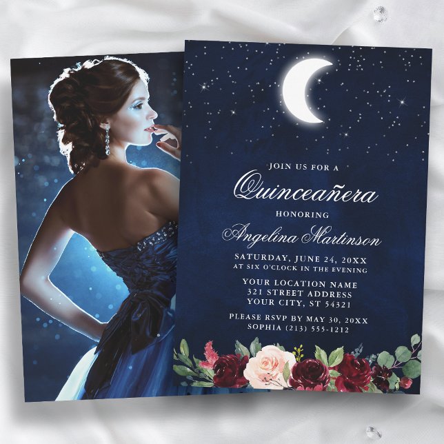 Invitación Estrellas celestes de la luna Foto floral Quincean (Customize to change text size or text style.)