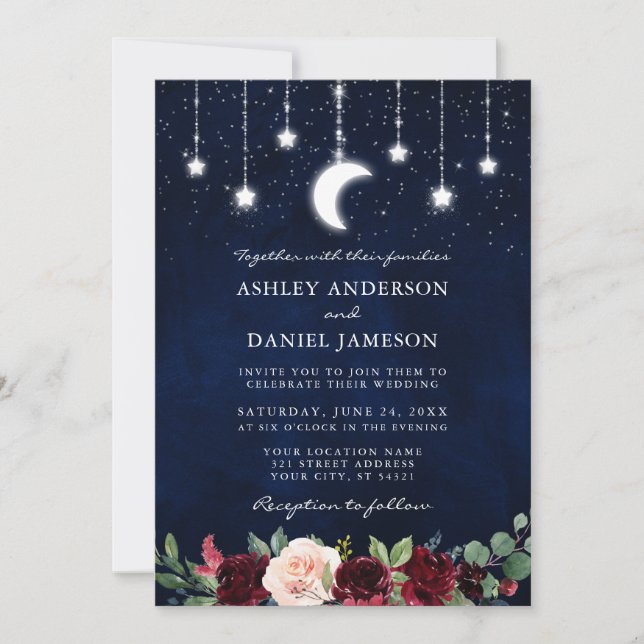 Invitación Estrellas celestes de la luna iluminan Boda floral (Anverso)