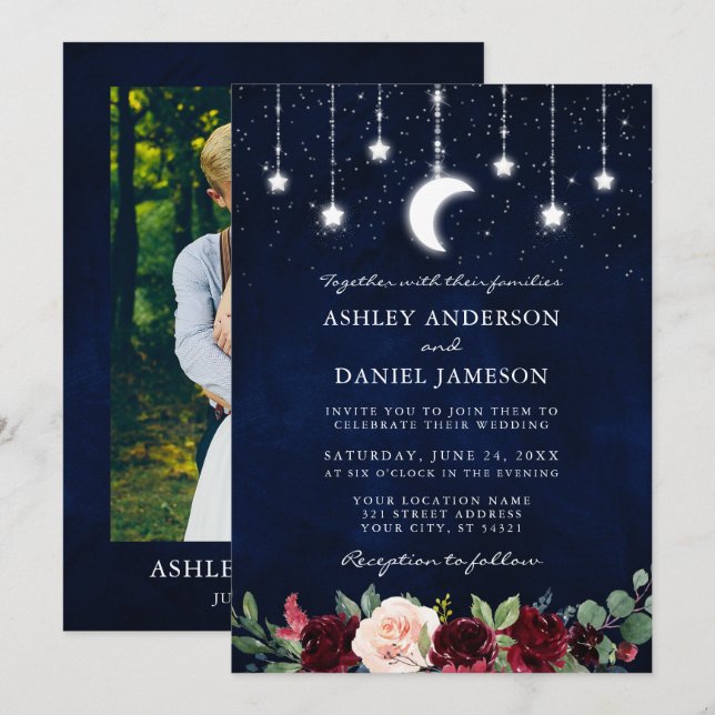Invitación Estrellas celestes de la luna iluminan Boda foto f (Anverso / Reverso)