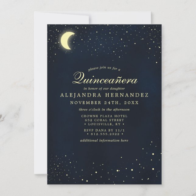 Invitación Estrellas celestes de luna de noche azul Quinceañe (Anverso)