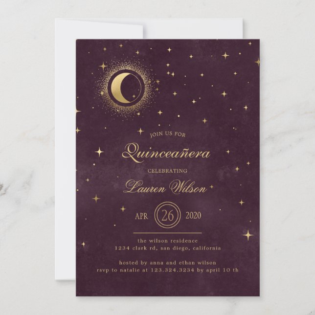Invitación estrellas celestes de oro azul de medianoche Quinc (Anverso)