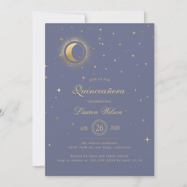 Invitación estrellas celestes de oro azul de medianoche Quinc (Anverso)
