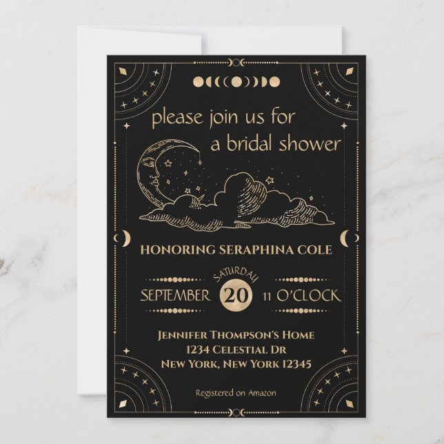 Invitación Estrellas celestes de oro y ducha de novia lunar (Anverso)