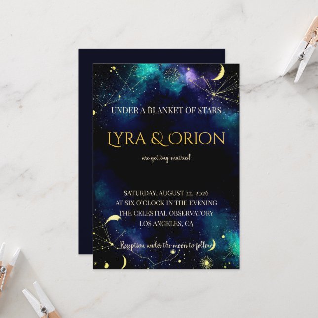 Invitación Estrellas Celestiales | Boda Galáctica de Azul Mar (Anverso/Reverso In Situ)