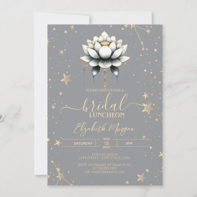 Invitación Estrellas Celestiales de Loto Blanco sobre Fondo G (Anverso)