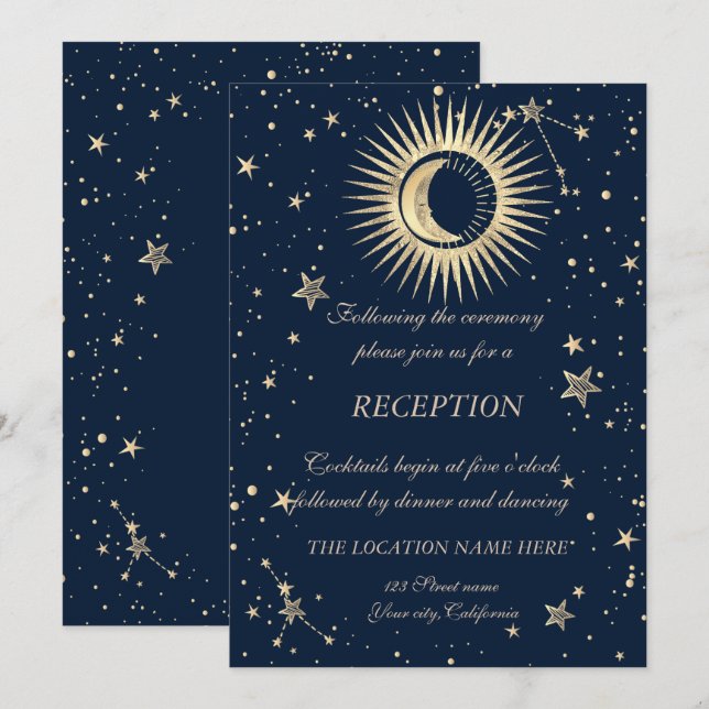 Invitación Estrellas Celestiales Gold Y Moon (Anverso / Reverso)