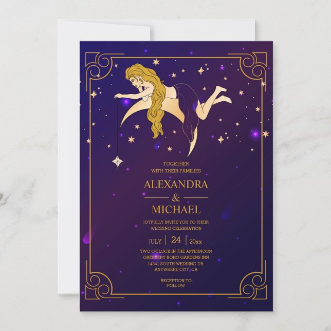 Invitación Estrellas Celestiales Rosa Místico Azul (Anverso)
