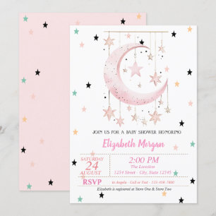 Invitación Estrellas Coloridas Luna Rosa Baby Shower  