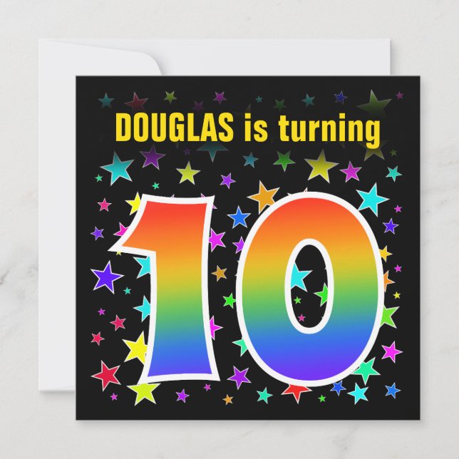 Invitación Estrellas coloridas + patrón arcoiris "10" Cumplea (Anverso)