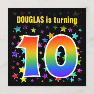 Invitación Estrellas coloridas + patrón arcoiris "10" Cumplea