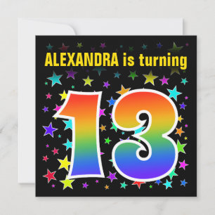 Invitación Estrellas coloridas + patrón arcoiris "13" Cumplea