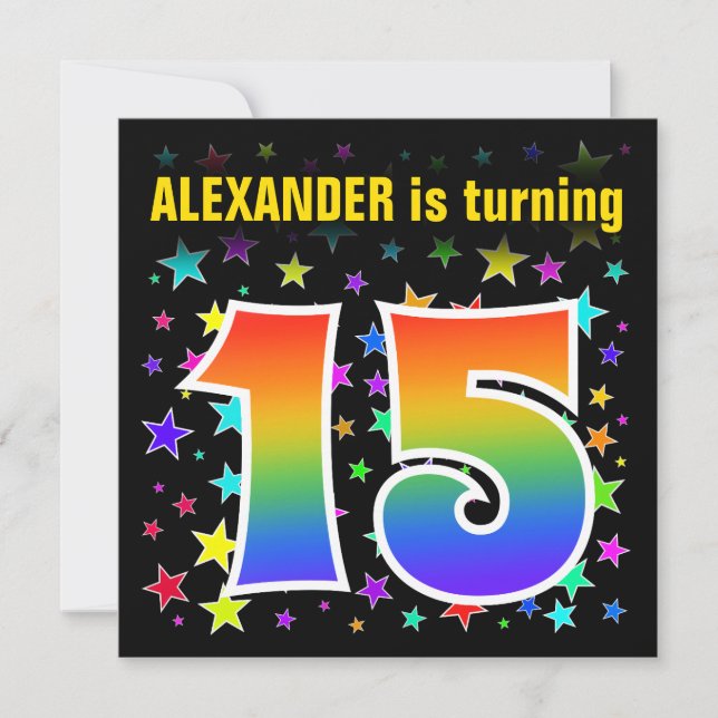 Invitación Estrellas coloridas + patrón arcoiris "15" Cumplea (Anverso)