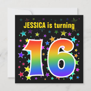 Invitación Estrellas coloridas + patrón arcoiris "16" Cumplea