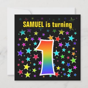 Invitación Estrellas coloridas + patrón arcoiris "1" Cumpleañ
