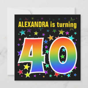 Invitación Estrellas coloridas + patrón arcoiris "40" Cumplea