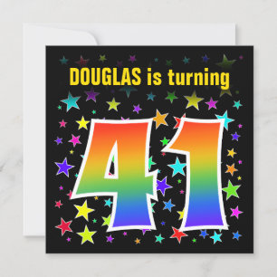 Invitación Estrellas coloridas + patrón arcoiris "41" Cumplea