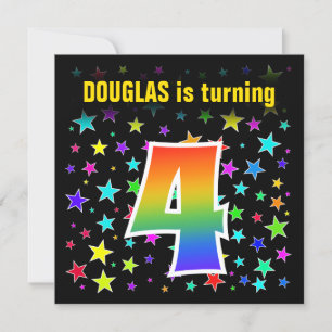 Invitación Estrellas coloridas + Patrón Arcoiris "4" Cumpleañ