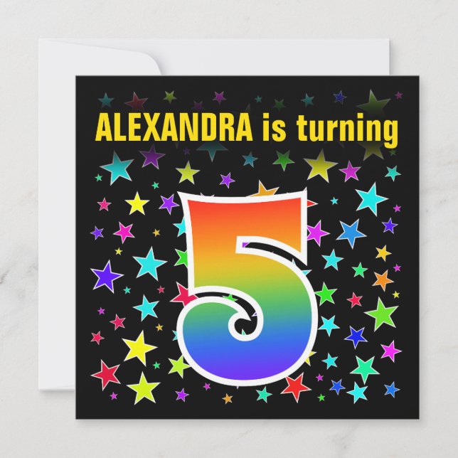 Invitación Estrellas coloridas + Patrón Arcoiris "5" Cumpleañ (Anverso)