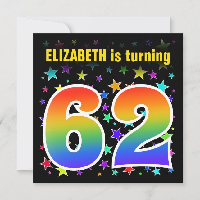 Invitación Estrellas coloridas + Patrón Arcoiris "62" Cumplea (Anverso)