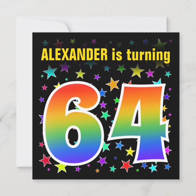 Invitación Estrellas coloridas + Patrón Arcoiris "64" Cumplea (Anverso)