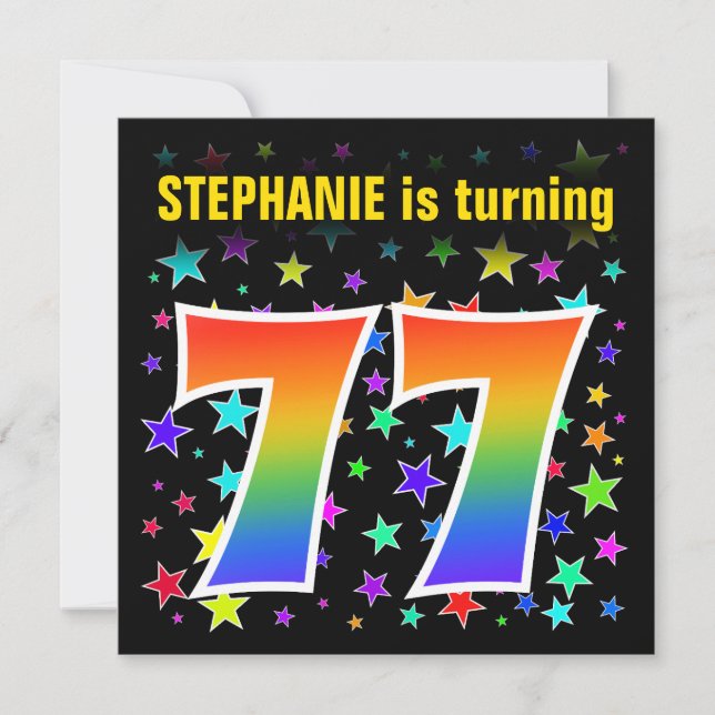 Invitación Estrellas coloridas + patrón arcoiris "77" cumplea (Anverso)