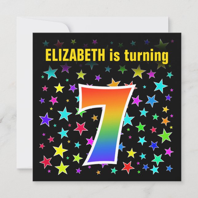 Invitación Estrellas coloridas + Patrón Arcoiris "7" Cumpleañ (Anverso)