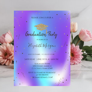 Invitación Estrellas Confeti Gorro de Graduación Holográfico 