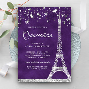 Invitación Estrellas Confeti Plata Torre Eiffel Quinceañera