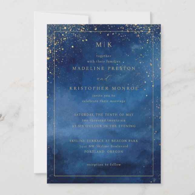 Invitación Estrellas Cósmicas Azules Elegantes (Anverso)