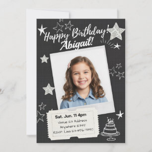 Invitación Estrellas Cumpleaños Polaroid Blanco Negro