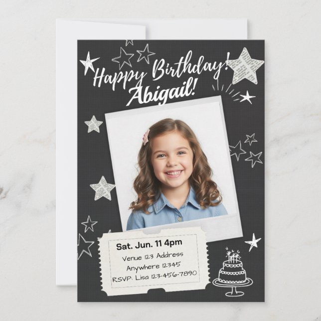 Invitación Estrellas Cumpleaños Polaroid Blanco Negro (Anverso)