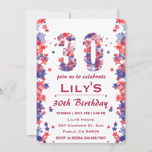 Invitación Estrellas De Acuarela 4 De Julio 30 Cumpleaños (Anverso)