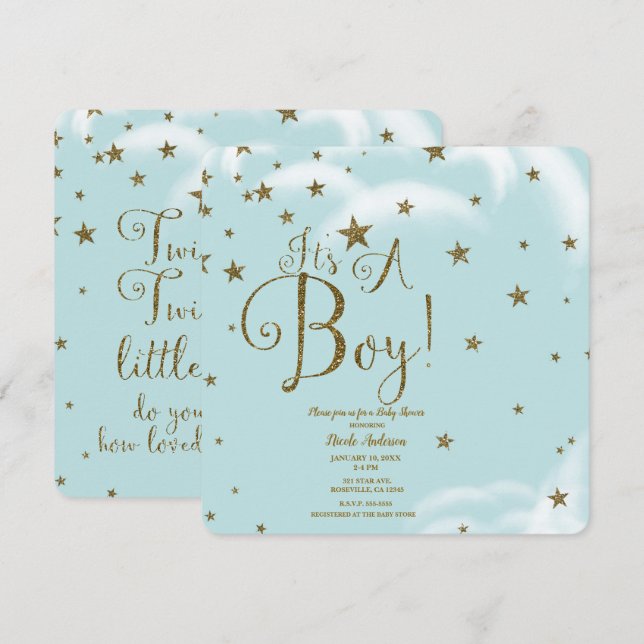 Invitación Estrellas de brillo azul y dorado Es un NIÑO Baby  (Anverso / Reverso)