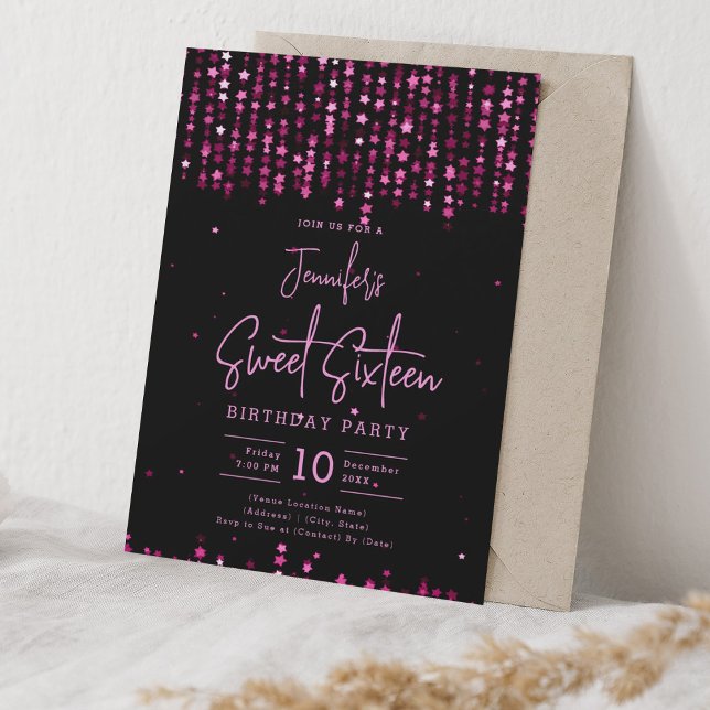 Invitación Estrellas de caída rosada caliente dulce fiesta de (Hot Pink Falling Stars Sweet 16 Birthday Party Invitation)